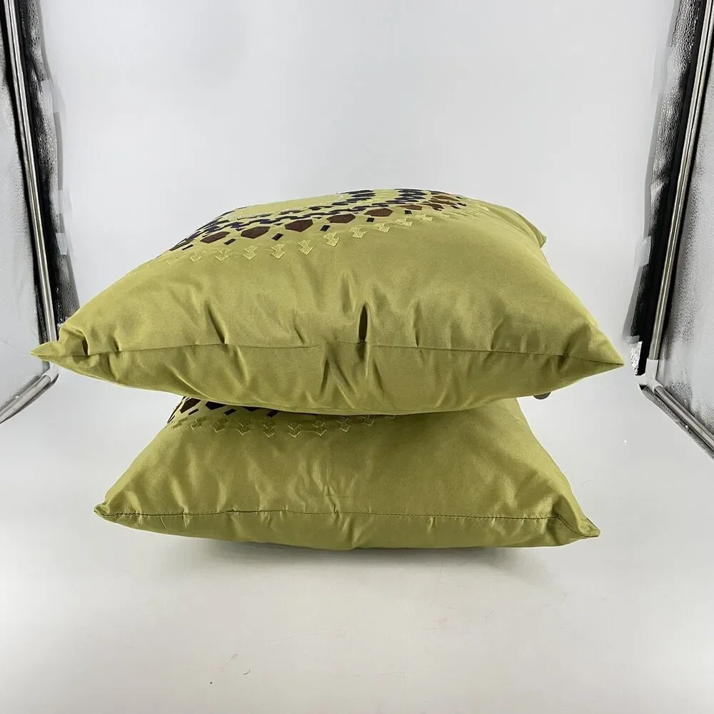 Set of 2 Pier 1 Throw Pillow 15x15 Green Medallion Embroidered Boho Accent